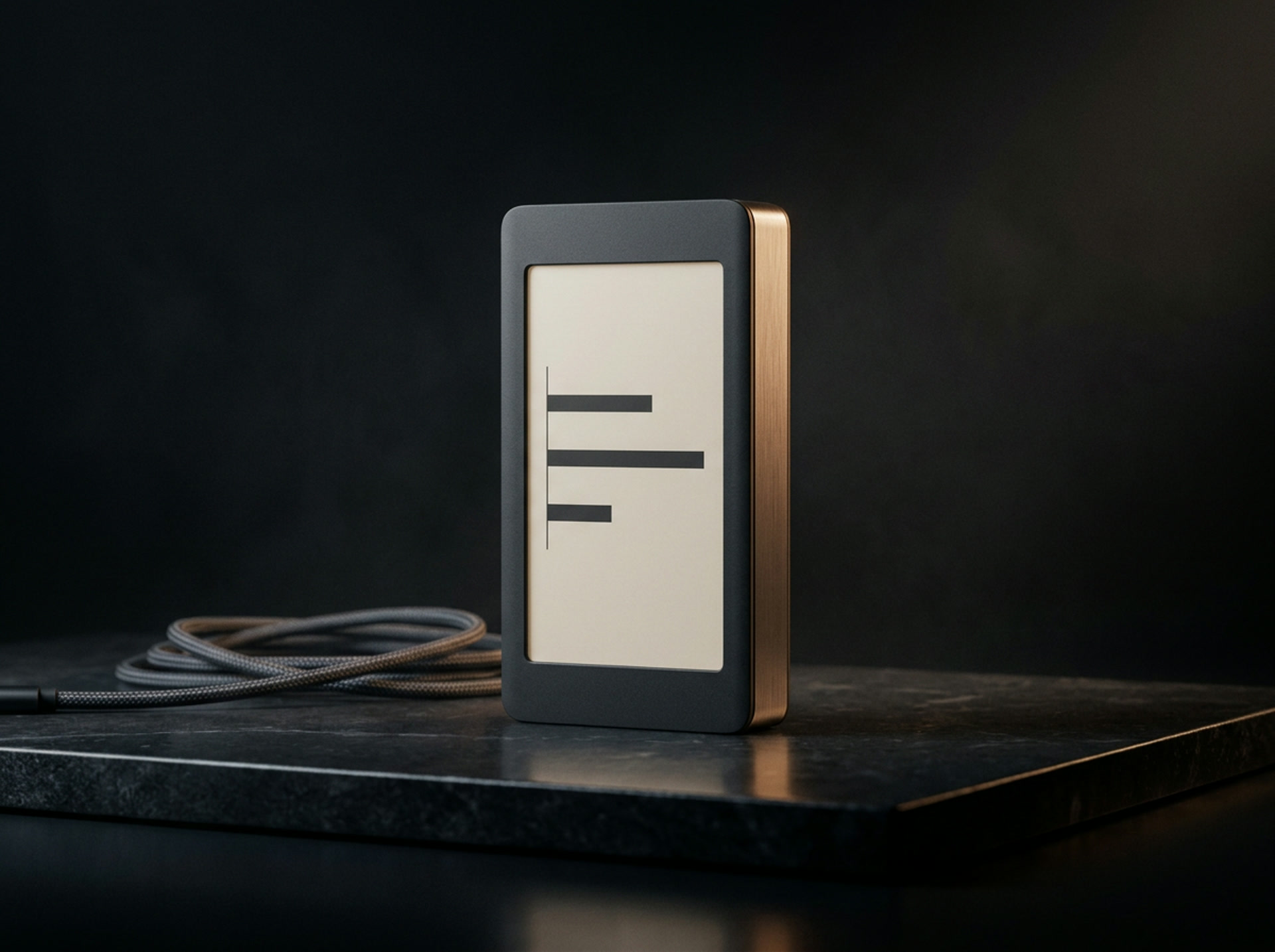The device beside a loosely coiled charging cable on dark stone.